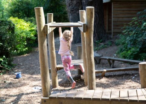 Young child playing outside on the monkey bars